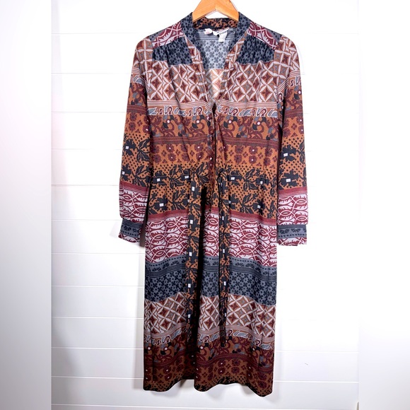Vintage Murray Meisner Geometric Floral Print Dress Brown Black Size 12 - Picture 1 of 9